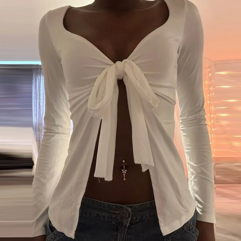 Front Tie Up V Neck Blouse