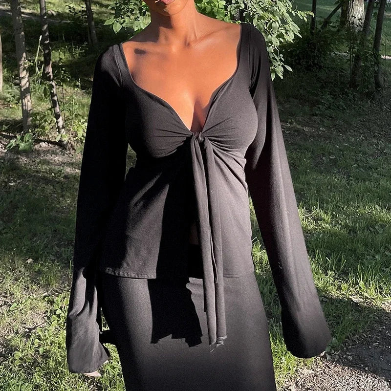 Front Tie Up V Neck Blouse