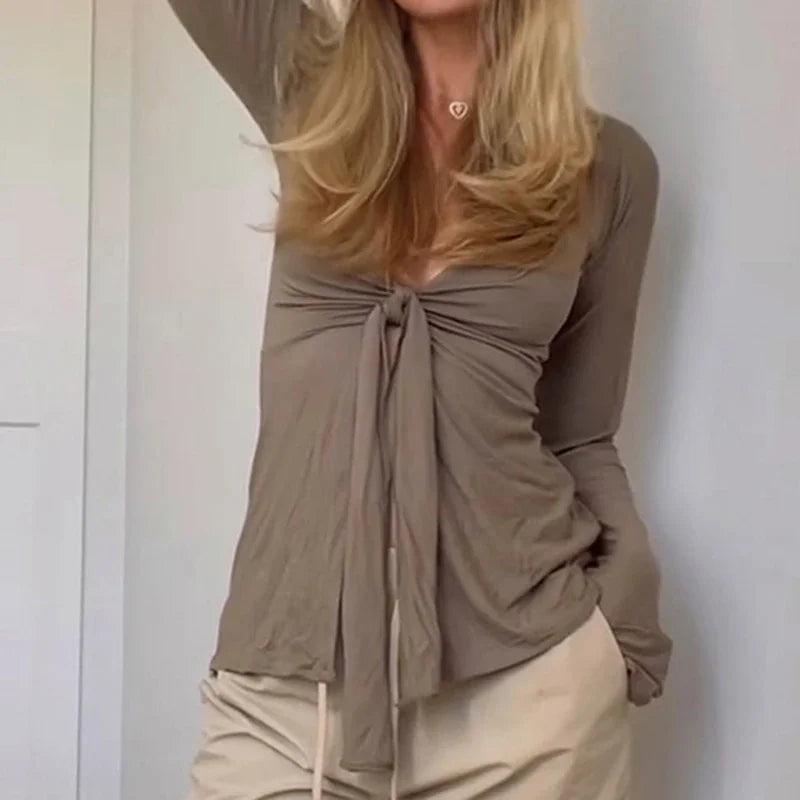 Front Tie Up V Neck Blouse