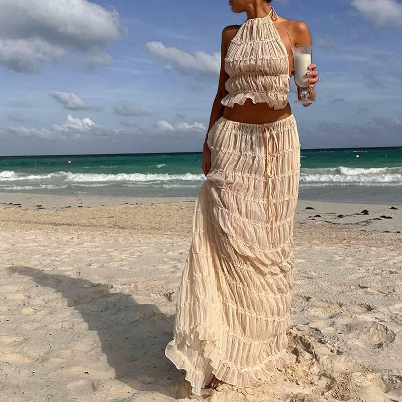 Women Boho Sexy Backless Outfit & Ruched long skirt