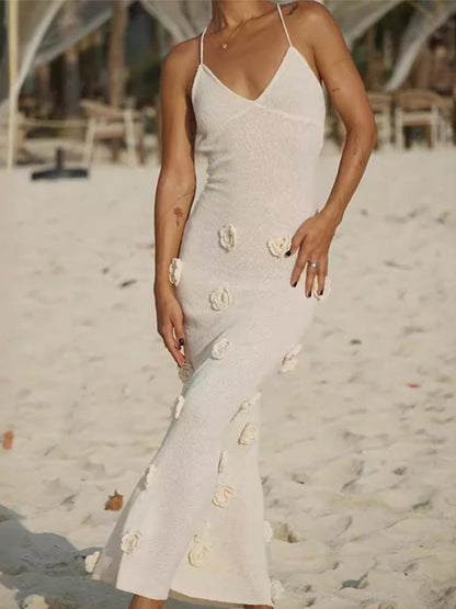 V-neck Backless Sleeveless flower dress