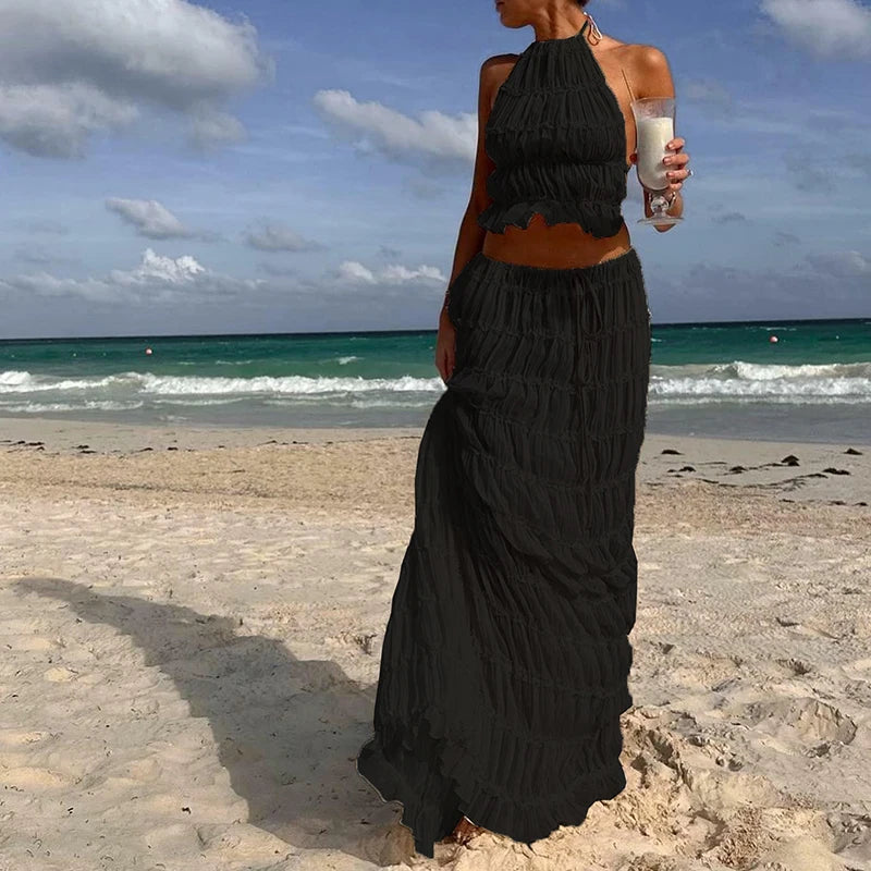 Women Boho Sexy Backless Outfit & Ruched  long skirt