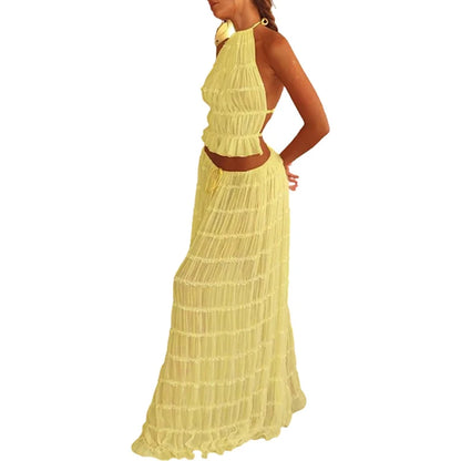 Women Boho Sexy Backless Outfit & Ruched  long skirt