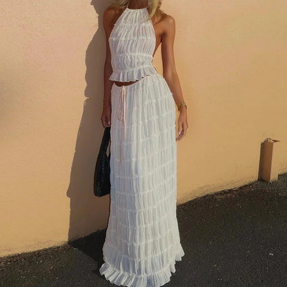Women Boho Sexy Backless Outfit & Ruched  long skirt