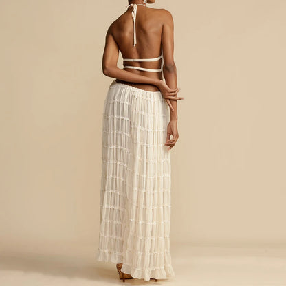 Women Boho Sexy Backless Outfit & Ruched  long skirt