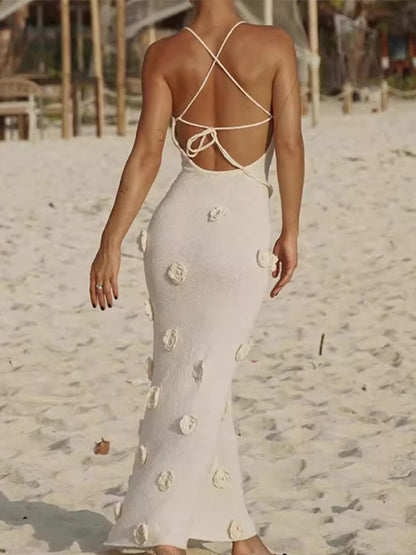 V-neck Backless Sleeveless flower dress