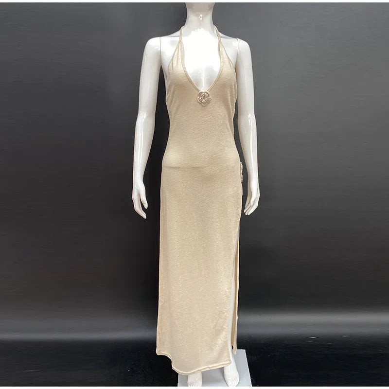 V-neck Backless Sleeveless flower dress