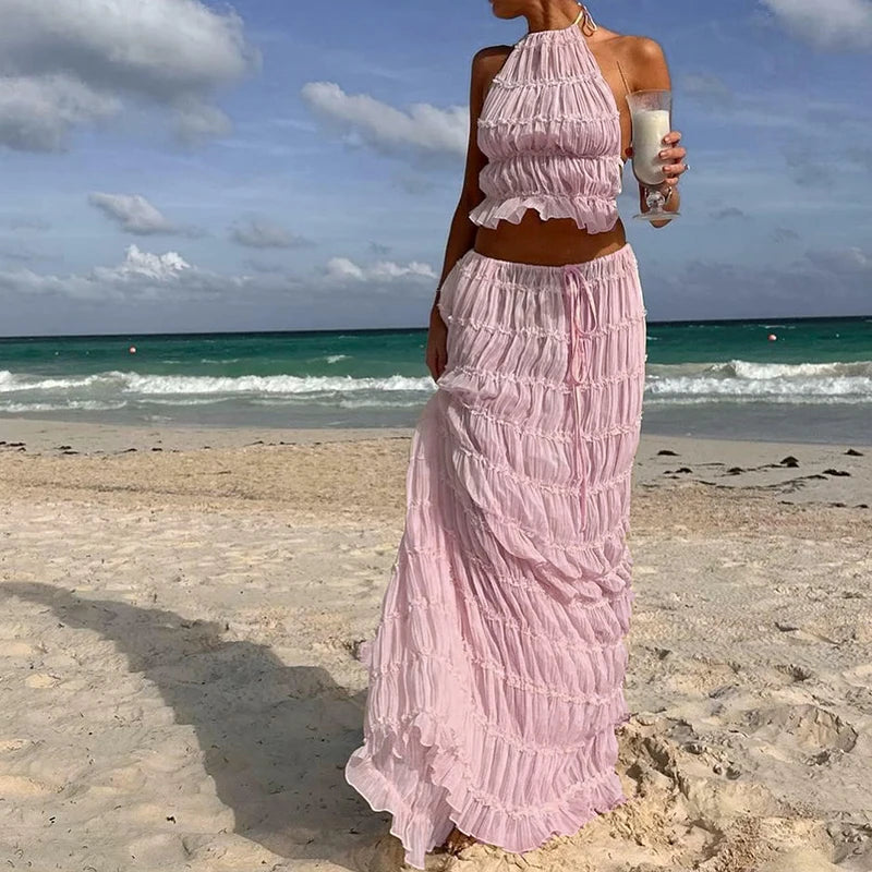 Women Boho Sexy Backless Outfit & Ruched  long skirt