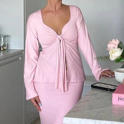 Front Tie Up V Neck Blouse